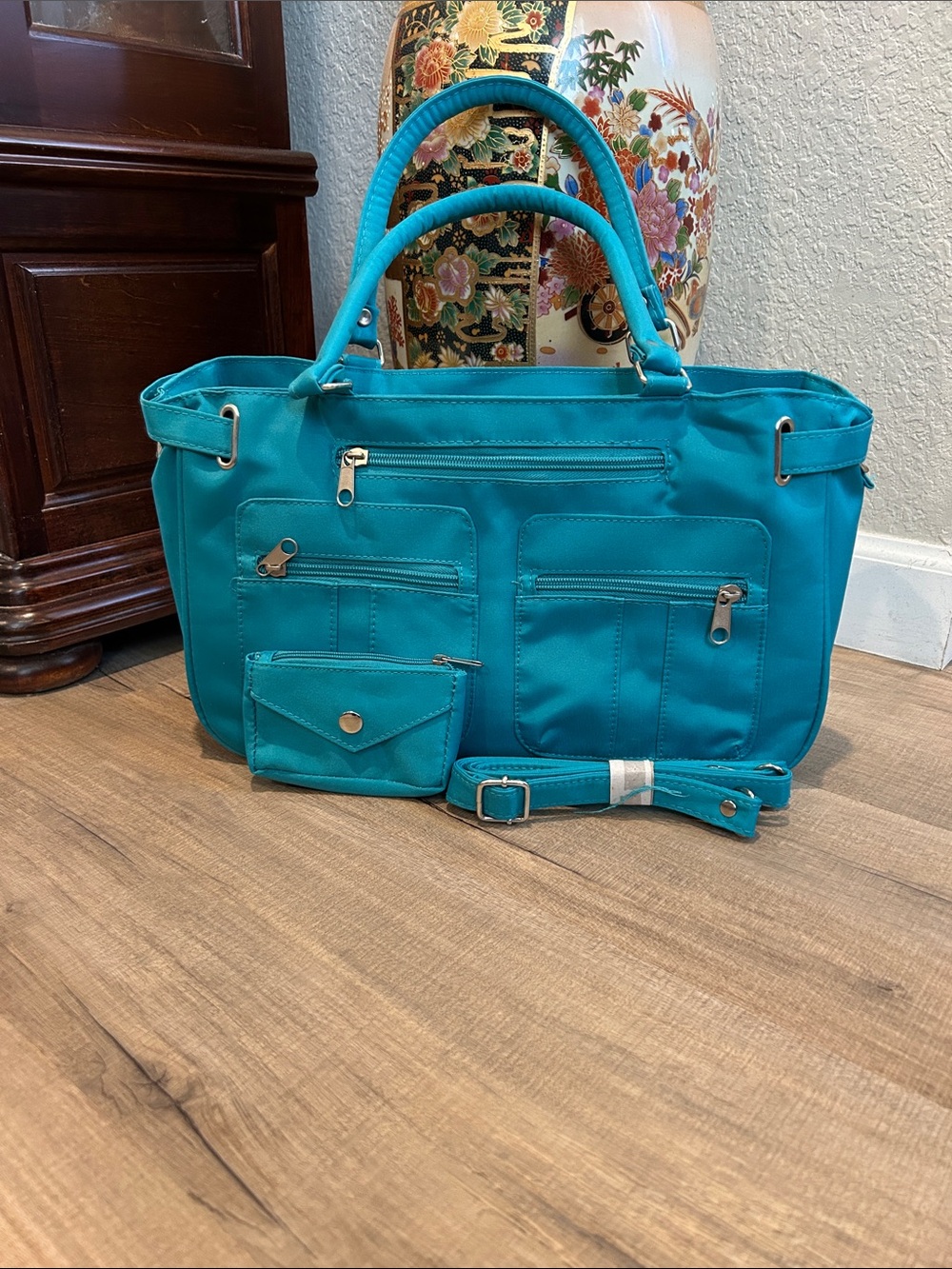 Teal Multi-Pocket Tote Bag with Removable Strap